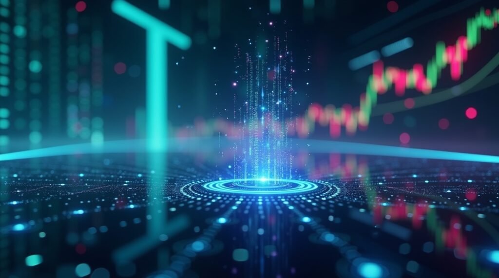 Futuristic digital finance interface with AI and blockchain visualization