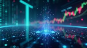 Futuristic digital finance interface with AI and blockchain visualization