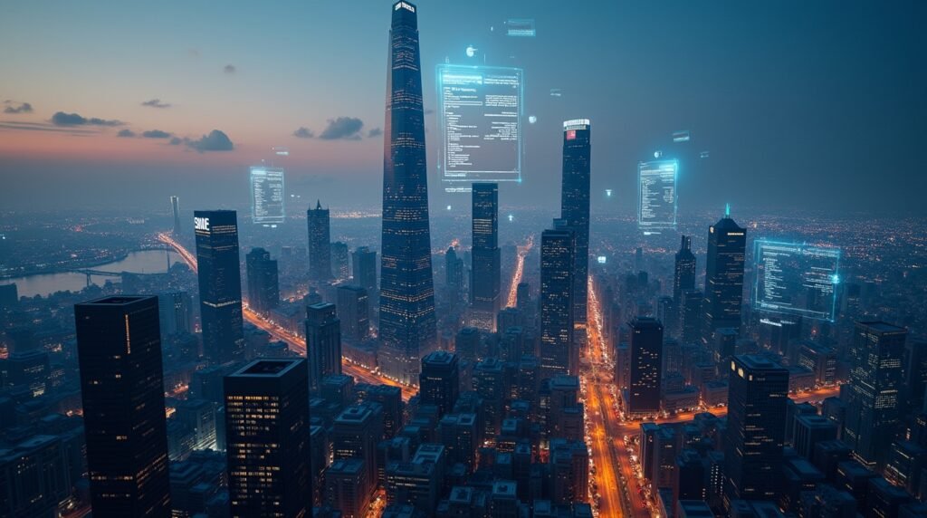 Professional investment banker analyzing financial reports in a futuristic office