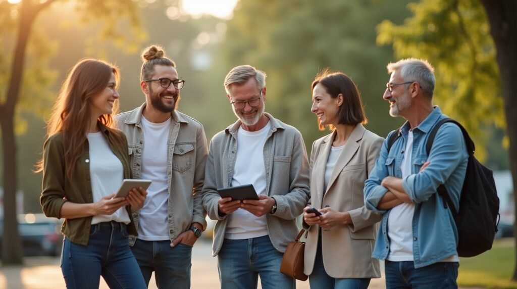 Diverse individuals planning their financial goals with digital tools and teamwork.