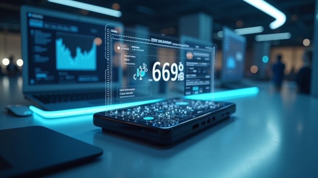 Futuristic digital workspace showcasing 鲁q 669fd smart system with holographic UI and secure data interface.