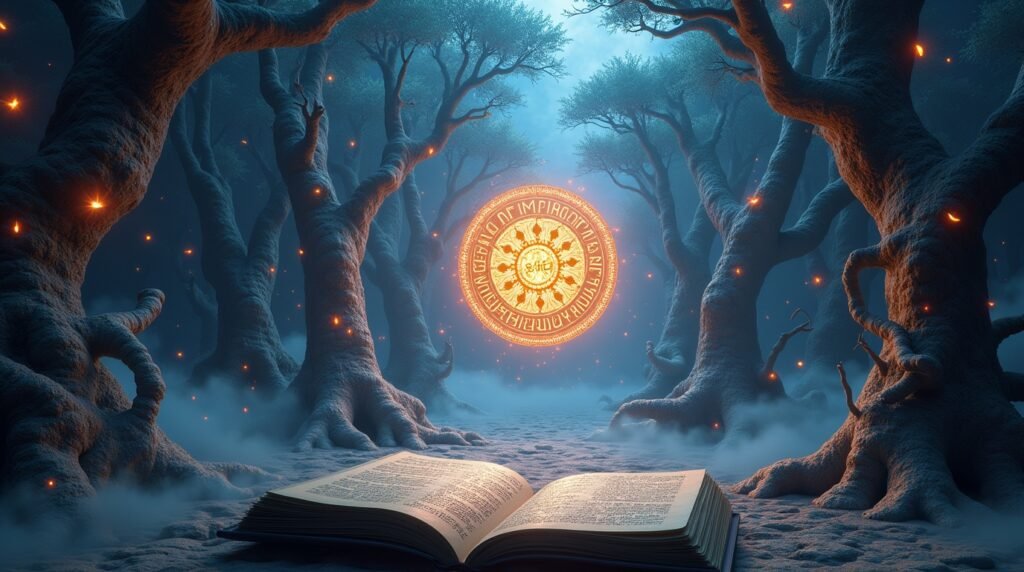 A surreal landscape representing the fictional concept of Animeidhen with mystical symbols and ancient energy.