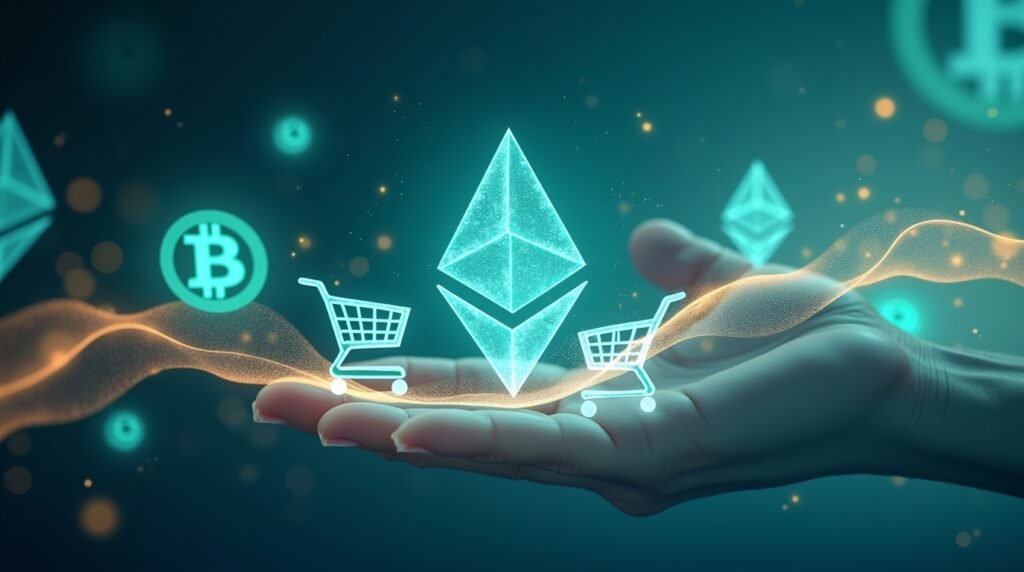 Surreal abstract image representing crypto use in real-life purchases through Bitrefill without humans or tech devices.