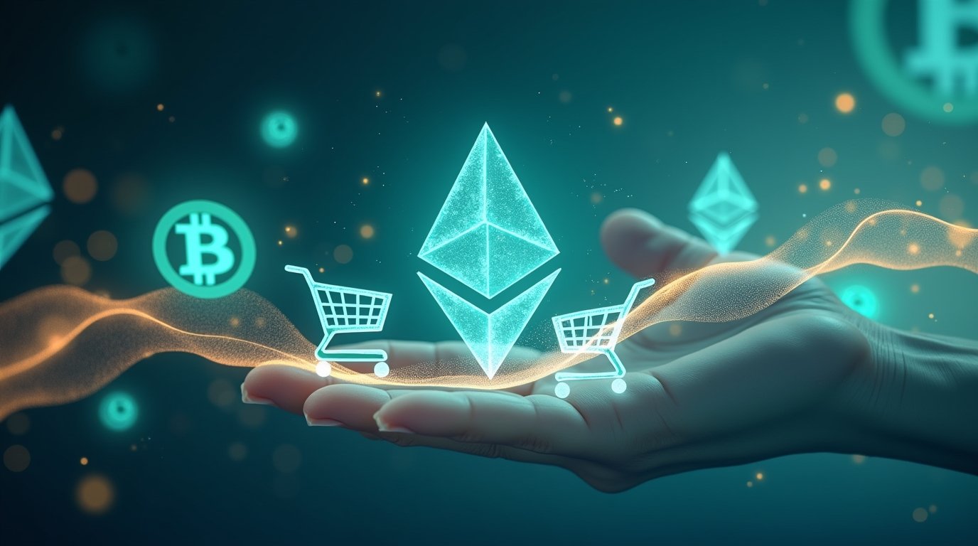 Surreal abstract image representing crypto use in real-life purchases through Bitrefill without humans or tech devices.