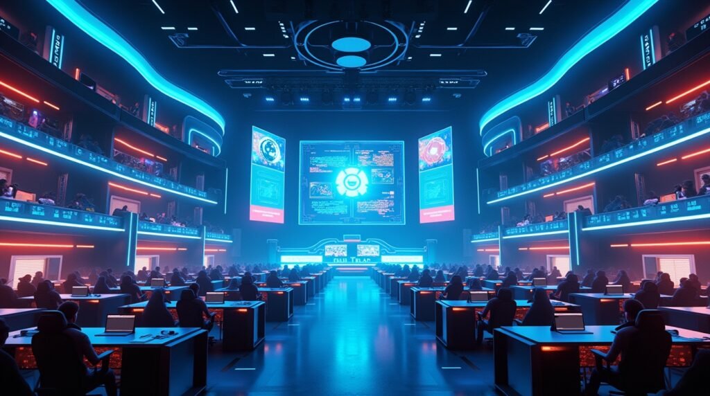Futuristic esports arena at Esports EmbersLasVegas with glowing VR pods and digital holographic displays.