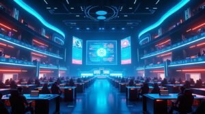 Futuristic esports arena at Esports EmbersLasVegas with glowing VR pods and digital holographic displays.