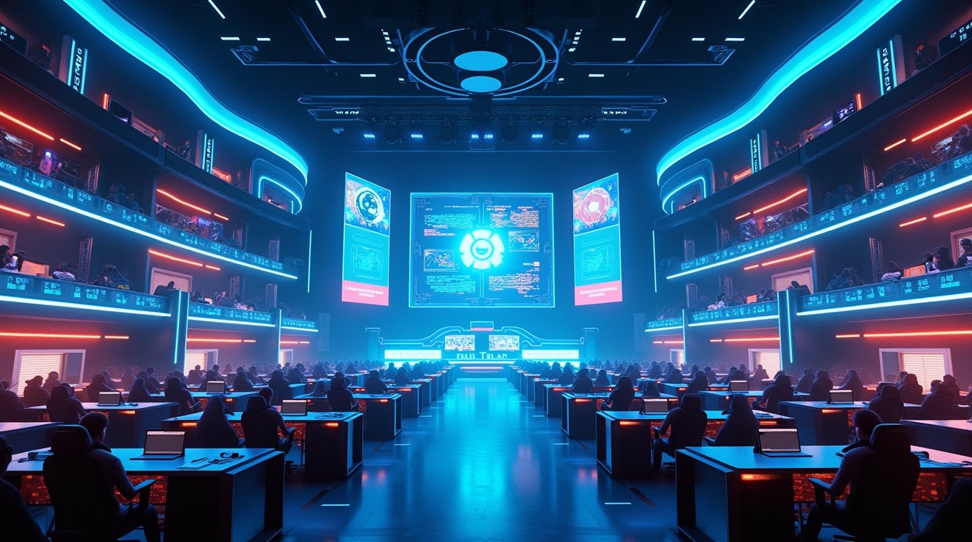 Futuristic esports arena at Esports EmbersLasVegas with glowing VR pods and digital holographic displays.