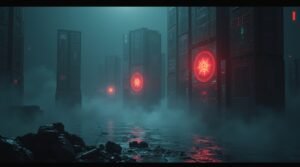 Abstract representation of Iran nuclear threat with symbolic cyber warfare and fractured diplomacy.