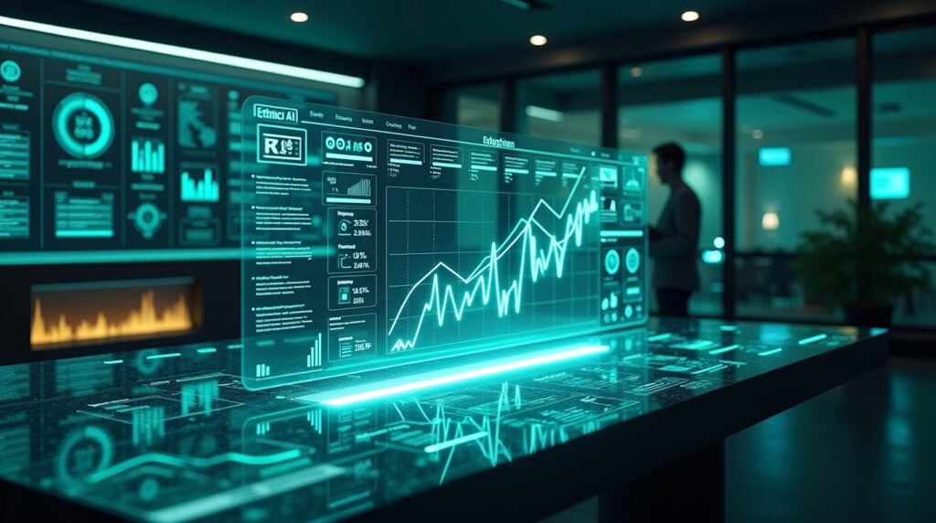 Futuristic ethical digital marketing dashboard with AI analytics and transparent growth metrics.