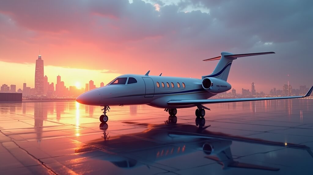 Highly realistic Learjet 55 private jet on runway during sunset