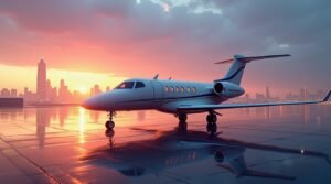 Highly realistic Learjet 55 private jet on runway during sunset