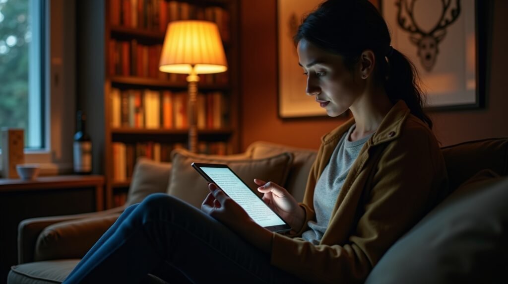 Person browsing adult digital literature with Literoticatags in a cozy reading space.