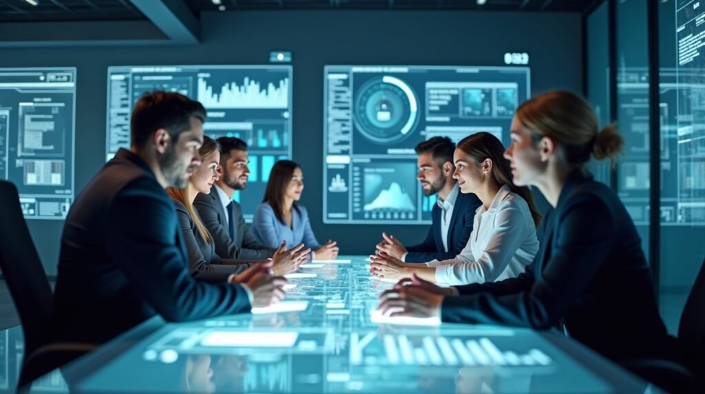 Realistic futuristic digital workspace with professionals collaborating using Mods Lync Conf.