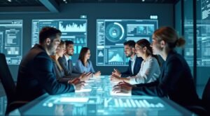 Realistic futuristic digital workspace with professionals collaborating using Mods Lync Conf.