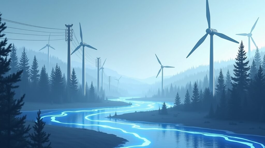 Clean energy infrastructure in Sweden powered by Närkes Elektriska without people or futuristic elements.
