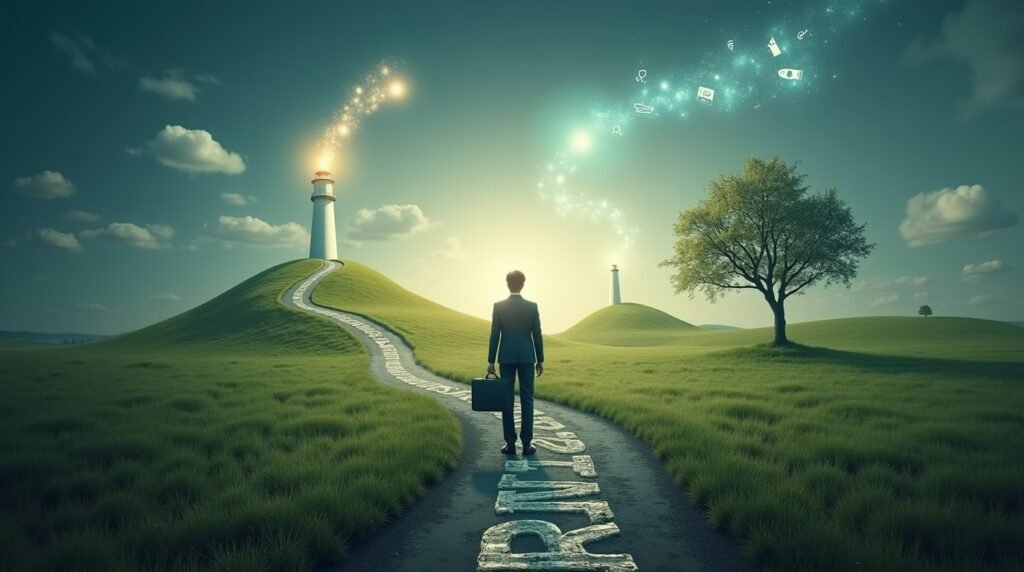 Surreal professional journey symbolizing job seekers exploring multiple career paths with NewsArena.tech.