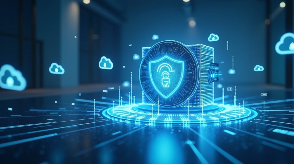 Futuristic encrypted cloud storage interface with AI-powered file organization in 2025