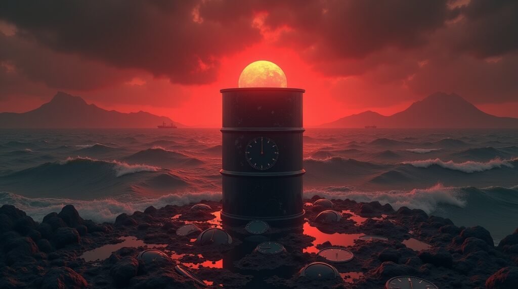 Surreal symbolic image depicting oil price volatility due to Israel-Iran conflict in 2025.