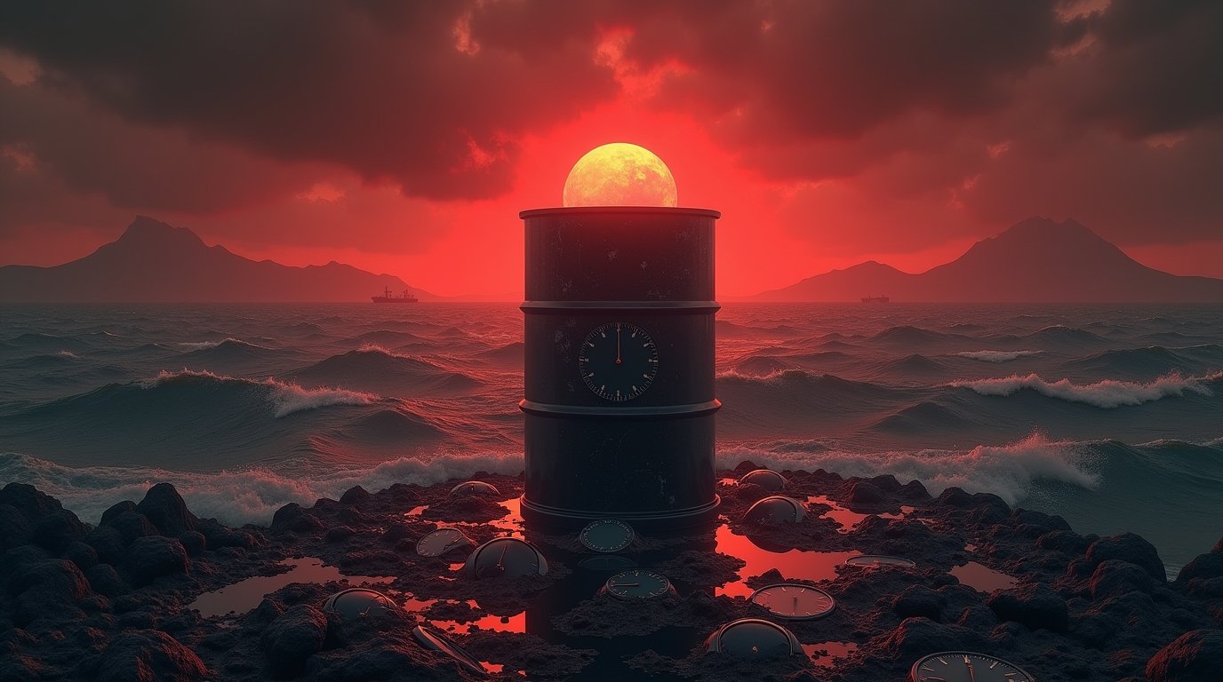 Surreal symbolic image depicting oil price volatility due to Israel-Iran conflict in 2025.