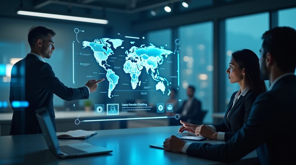 Futuristic RevolverTech digital communication hub with global support interface