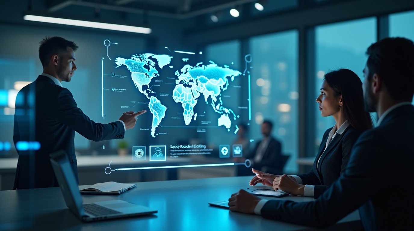 Futuristic RevolverTech digital communication hub with global support interface