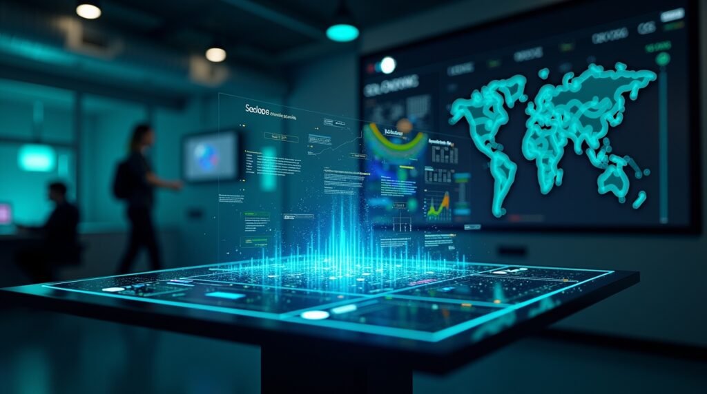 Futuristic digital SEO dashboard showing SERP data insights for the UK and USA.