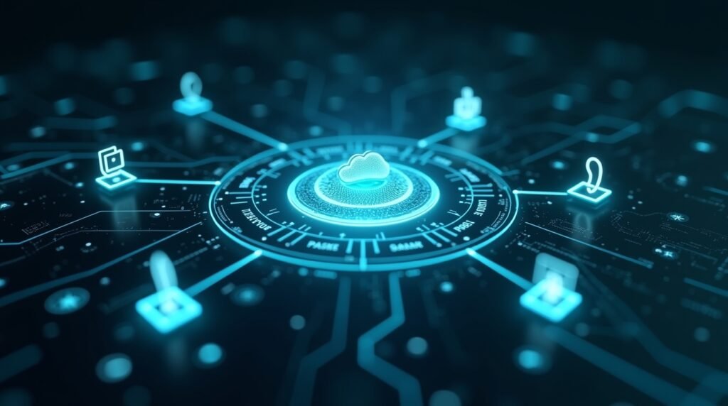 Futuristic AI interface with real-time automation, secure cloud visuals, and productivity icons