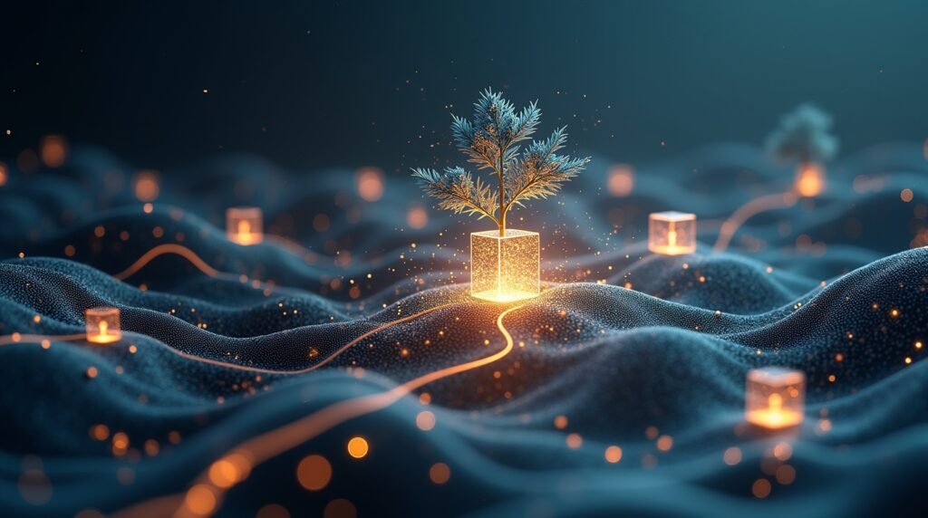 Surrealistic representation of Coyyn.com's secure and decentralized digital finance ecosystem in 2025.
