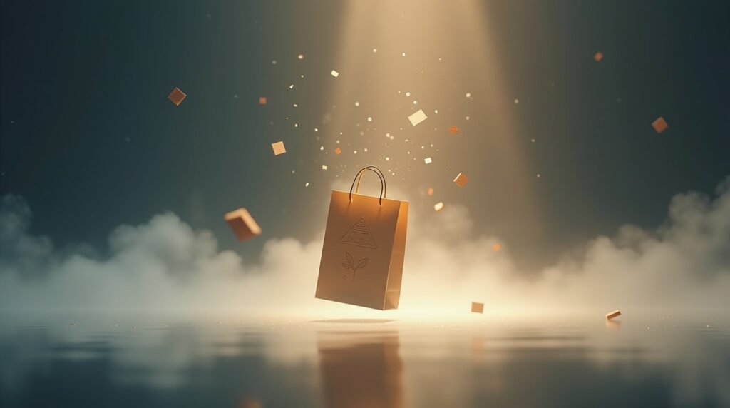 Surreal paper bag floating above reflective surface with abstract branding elements.