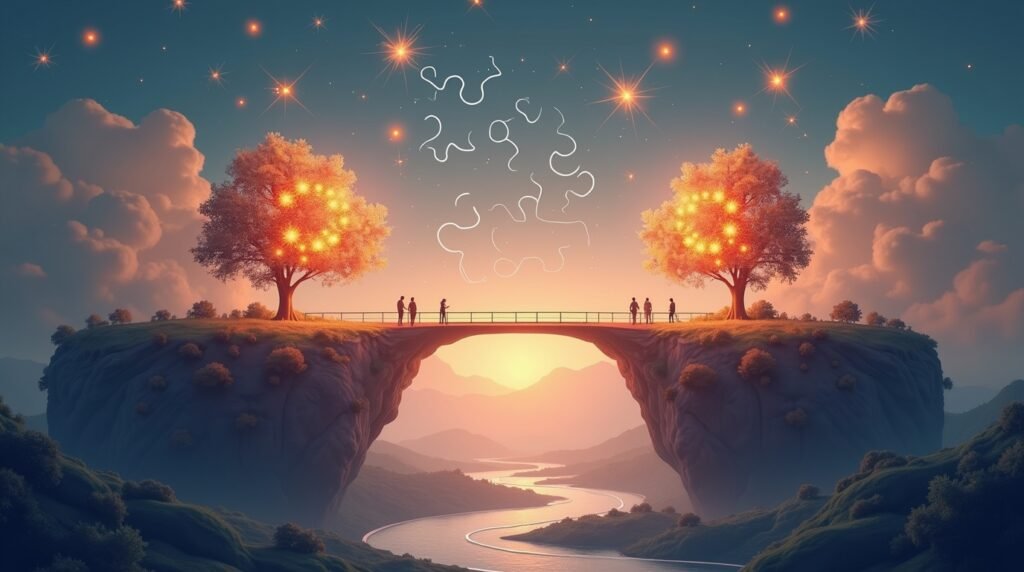 Surreal illustration of interconnected puzzle-shaped business islands linked by glowing bridges representing B2B partner marketing collaboration in 2025.