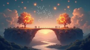 Surreal illustration of interconnected puzzle-shaped business islands linked by glowing bridges representing B2B partner marketing collaboration in 2025.