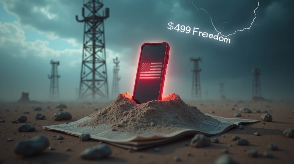 Surreal image symbolizing Trump Mobile's disruption of the telecom market with privacy, freedom, and bold American values.