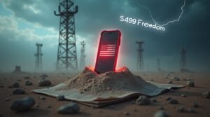 Surreal image symbolizing Trump Mobile's disruption of the telecom market with privacy, freedom, and bold American values.