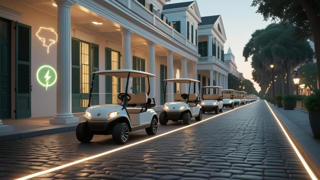Surrealistic Charleston street with Joe Carter electric golf carts in motion.