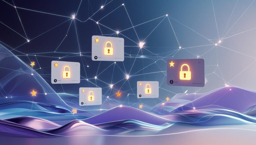 Surreal digital scene with glowing review cards and trust icons showing RaterPoint’s verified review system in 2025.