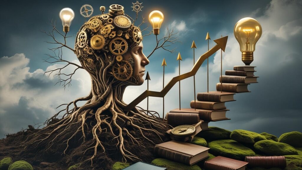 A surreal illustration representing the mindset and qualities of successful entrepreneurs without showing people or offices.