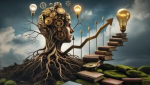 A surreal illustration representing the mindset and qualities of successful entrepreneurs without showing people or offices.