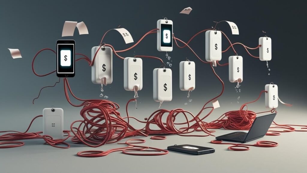 Surrealistic depiction of rising consumer product prices under 2025 import tariffs without human or office elements.