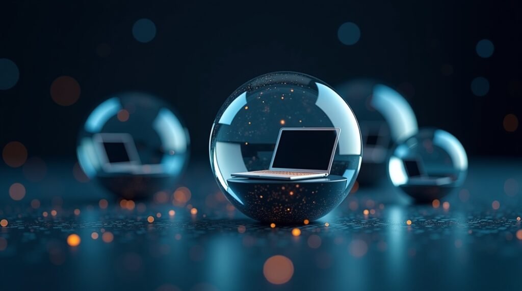 Surreal digital finance concept with abstract floating tech icons and circuit patterns.