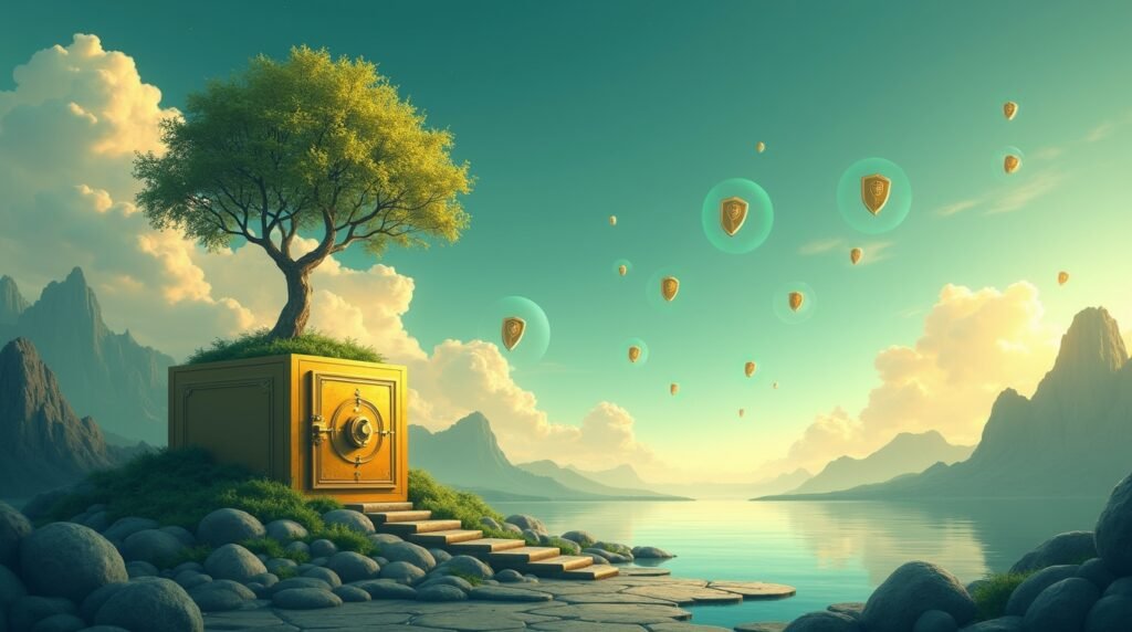 Surreal illustration symbolizing wealth security, strategic planning, and long-term financial growth without corporate clichés.