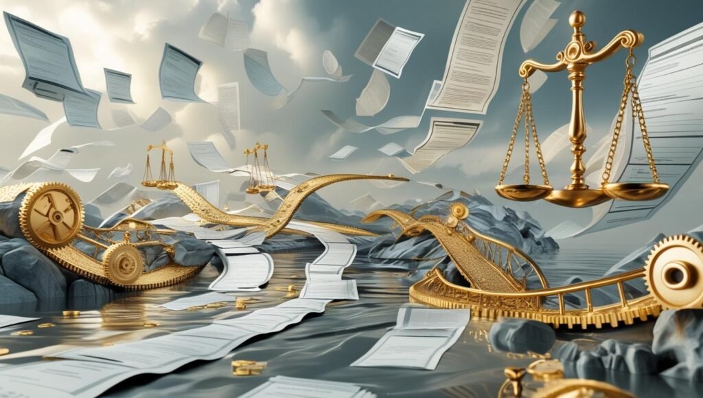 Surreal illustration of financial gears, contracts, and balance scales representing business acquisition lending strategies.