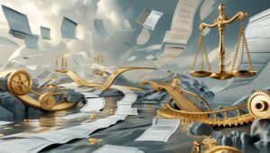 Surreal illustration of financial gears, contracts, and balance scales representing business acquisition lending strategies.