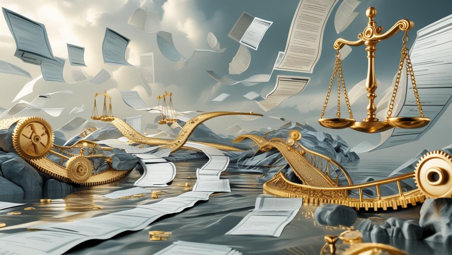 Surreal illustration of financial gears, contracts, and balance scales representing business acquisition lending strategies.