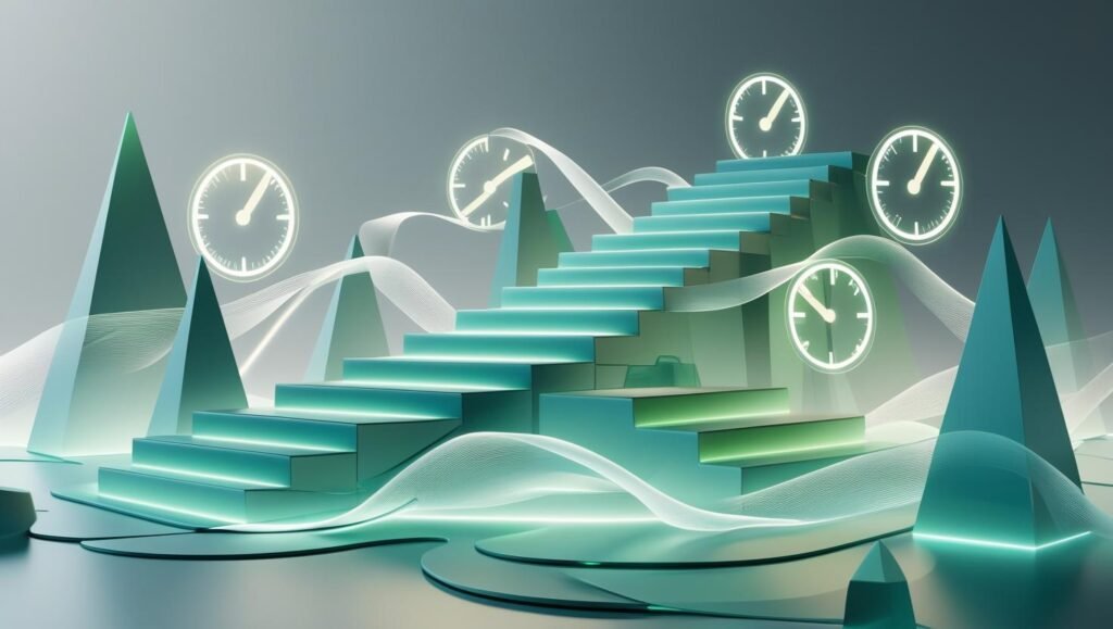 Surreal abstract digital art showing financial growth through floating score dials and geometric forms.
