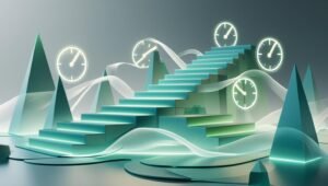 Surreal abstract digital art showing financial growth through floating score dials and geometric forms.