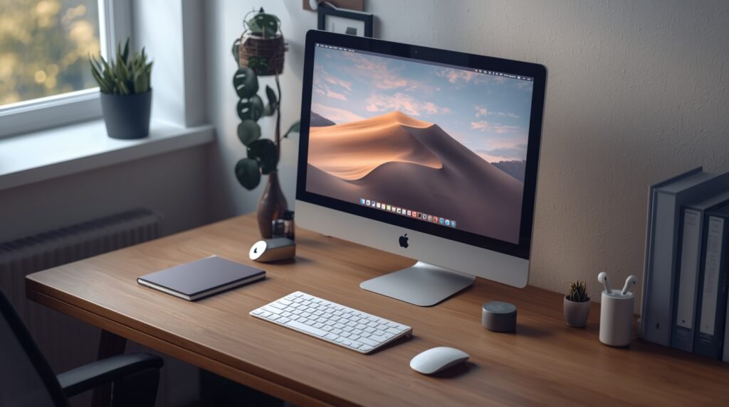 Modern Apple Mac računala setup on a minimalist desk with natural lighting.