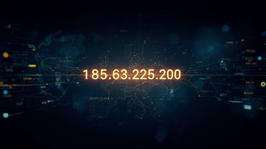Realistic digital visualization of global IP networks showing 185.63.225.200 with glowing data nodes and connection lines.