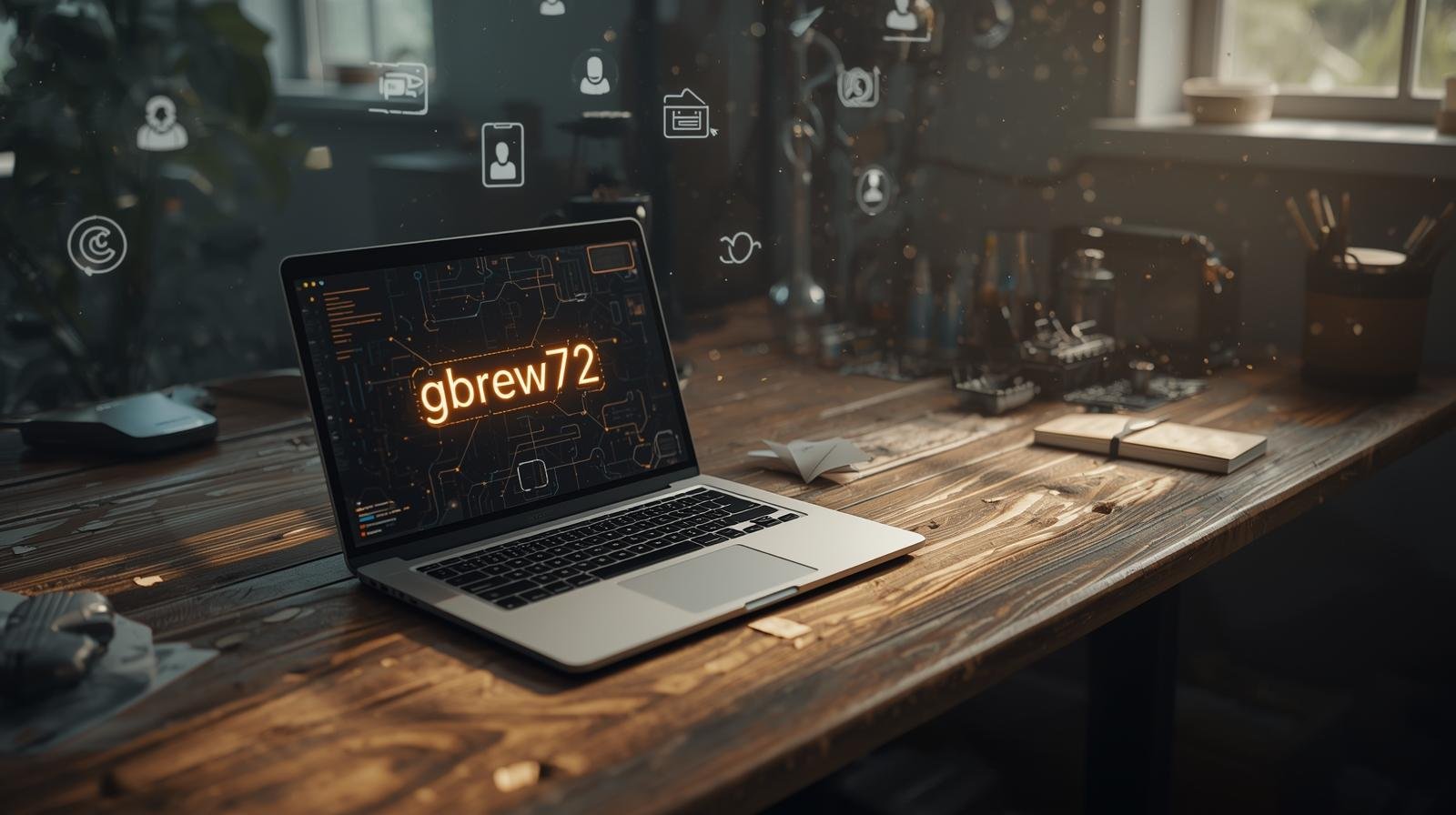 Symbolic digital identity concept featuring the username gbrew72 displayed on a desk setup with digital elements and hobby symbols.