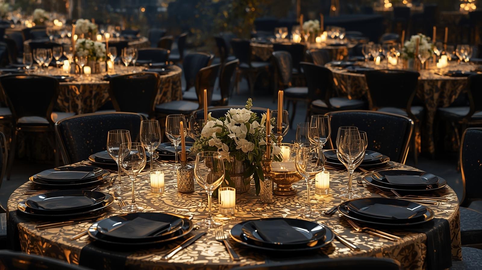 Elegant event table setup with black charger plates arranged in bulk.