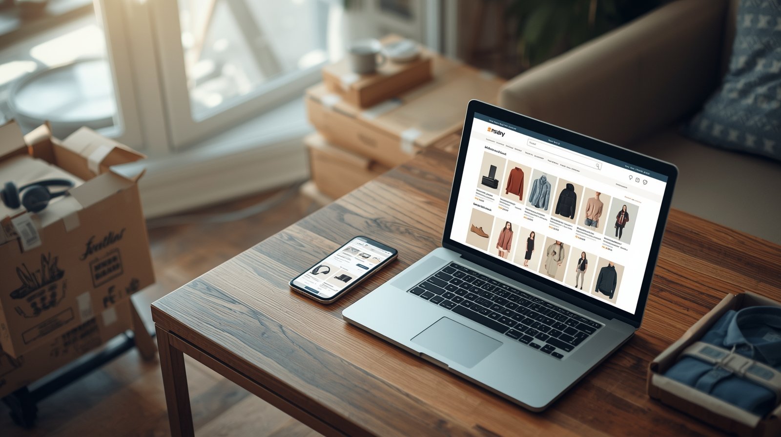 Realistic online shopping interface with packages and digital storefront in a home setting.